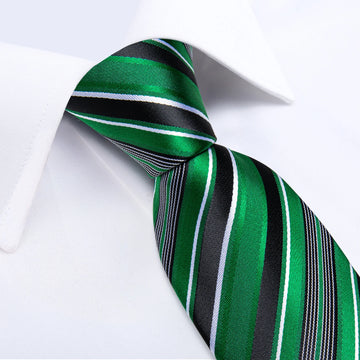 Wiaofellas  -  New Formal Ties Classic 100% Silk Green Striped Necktie Handkerchief Cufflinks Gift For Men Wedding Tie Cravate Gravatas